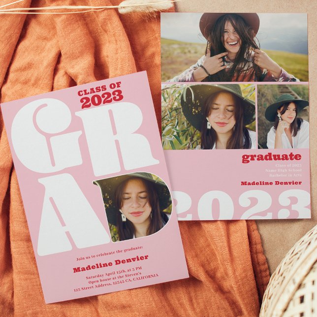 Invitación Retro negrita sobredimensionado Grad 4 foto gradua (Subido por el creador)