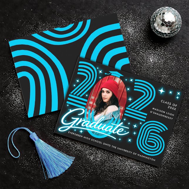 Invitación Retro Neon Blue Photo Graduate Announcement (Subido por el creador)