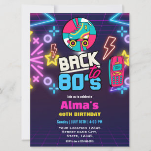 Invitación Retro Neón de los 80 años 40 cumpleaños