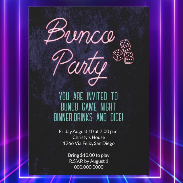 Invitación Retro Neon Dice Bunco Juego Fiesta (Bunco Party. Invite players for a game night with this retro neon light design with dice. )