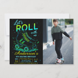 Invitación Retro Neon Roller Skate Birthday Photo