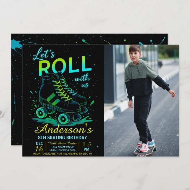 Invitación Retro Neon Roller Skate Birthday Photo (Anverso / Reverso)