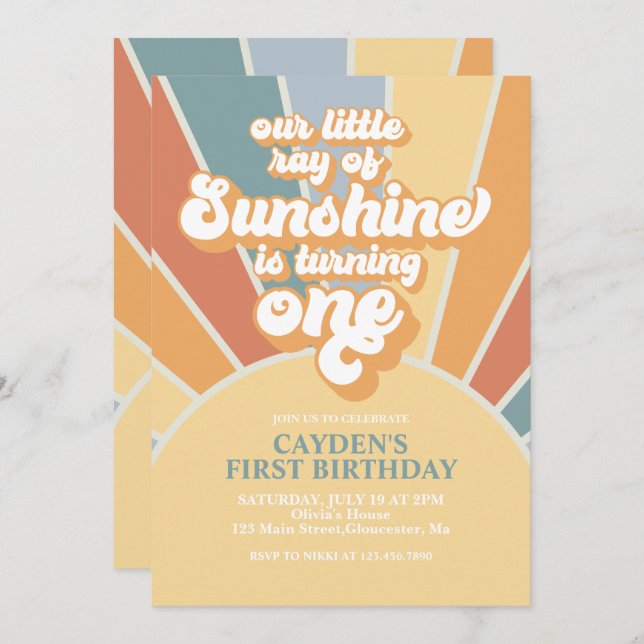 Invitación Retro Nuestro Pequeño Sunshine Boy Primer Cumpleañ (Anverso / Reverso)