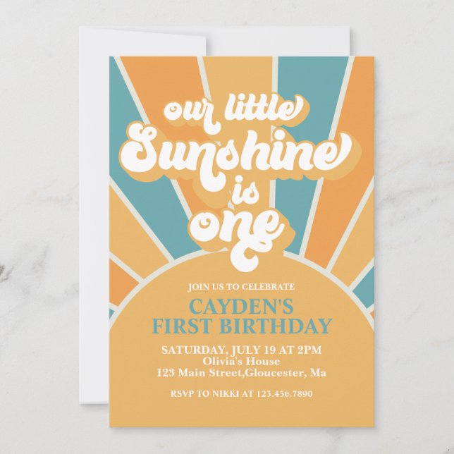 Invitación Retro Nuestro Pequeño Sunshine Boy Primer Cumpleañ (Anverso)