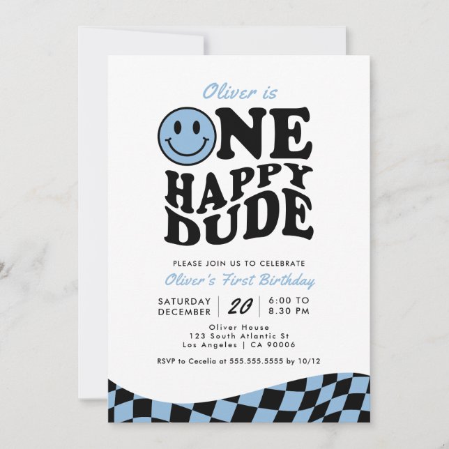Invitación Retro One Happy Dude Blue Smile Face 1er cumpleaño (Anverso)