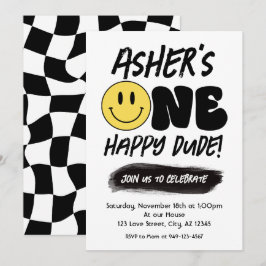 Invitación Retro One Happy Dude Happy Face primer cumpleaños