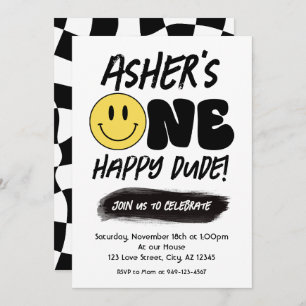 Invitación Retro One Happy Dude Happy Face primer cumpleaños