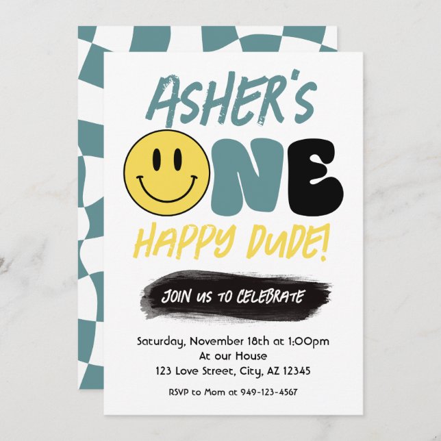Invitación Retro One Happy Dude Happy Face primer cumpleaños (Anverso / Reverso)