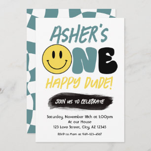 Invitación Retro One Happy Dude Happy Face primer cumpleaños