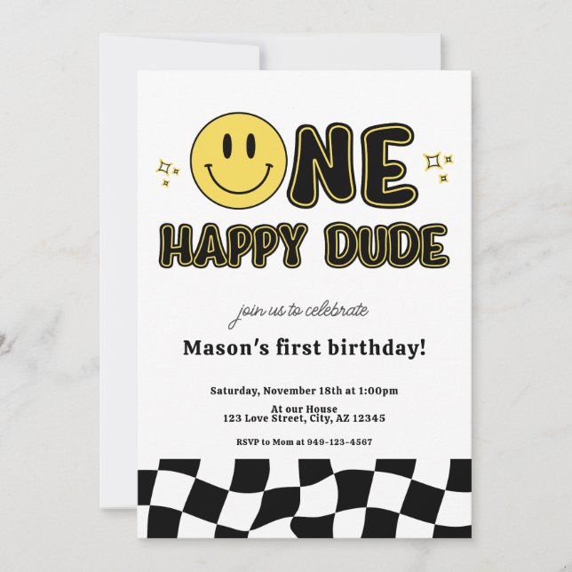 Invitación Retro One Happy Dude Happy Face primer cumpleaños (Anverso)