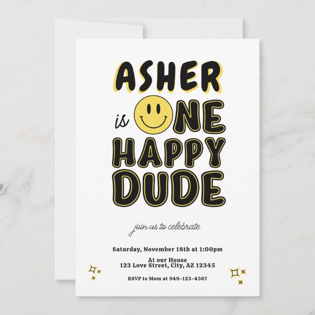 Invitación Retro One Happy Dude Happy Face primer cumpleaños (Anverso)