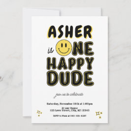 Invitación Retro One Happy Dude Happy Face primer cumpleaños