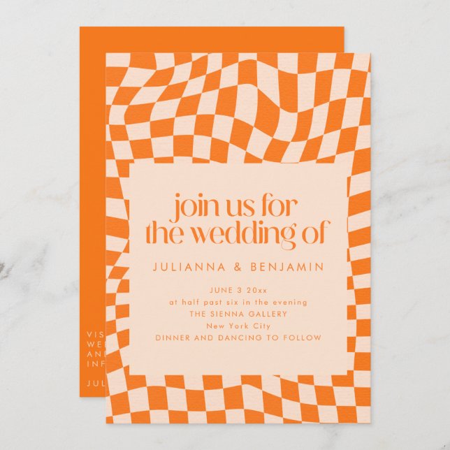 Invitación Retro Orange Abstract Check Wedding QR Code RSVP (Anverso / Reverso)