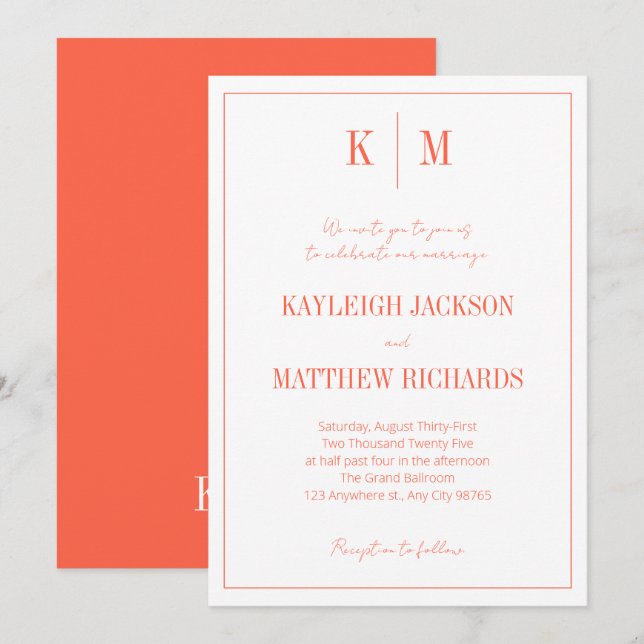 Invitación Retro Orange Red Monogram Elegant Wedding  (Anverso / Reverso)