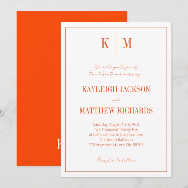 Invitación Retro Orange Red Monogram Elegant Wedding  (Anverso / Reverso)