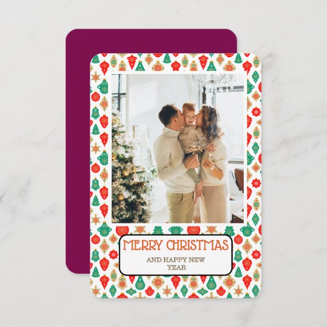 Invitación Retro Ornament Pattern Merry Christmas Photo Card (Anverso / Reverso)