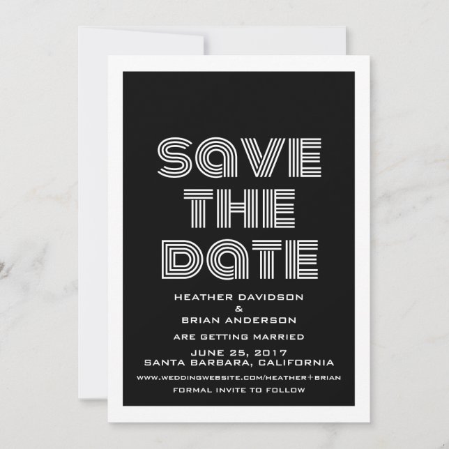 Invitación Retro para Guardar la Fecha, Negro (Anverso)