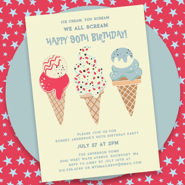 Invitación Retro Patriótico Helado Crema Cono 90 cumpleaños (Subido por el creador)