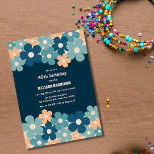 Invitación Retro Peach Dark Green Boho Flor 40 cumpleaños
