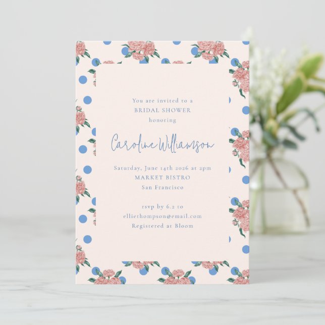Invitación Retro Peony Floral Garden Blue Dots Bridal Shower (Anverso de pie)