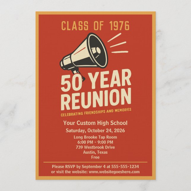 Invitación Retro Pep Rally Style 50 Year Class Reunion (Anverso)