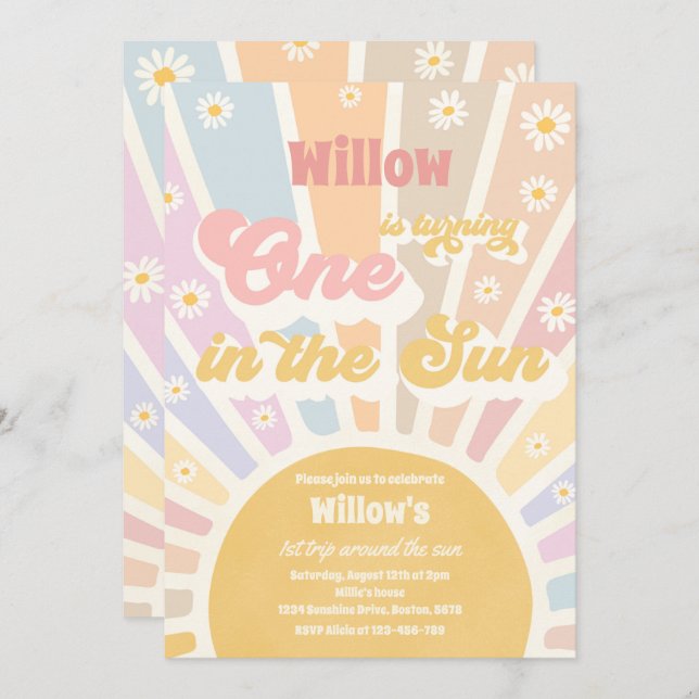Invitación Retro Pequeño Sol Uno En El Cumpleaños Del Sol (Anverso / Reverso)