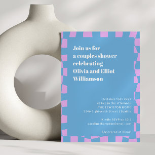 Invitación Retro Periwinkle Checkerboard Cute Parejas Ducha