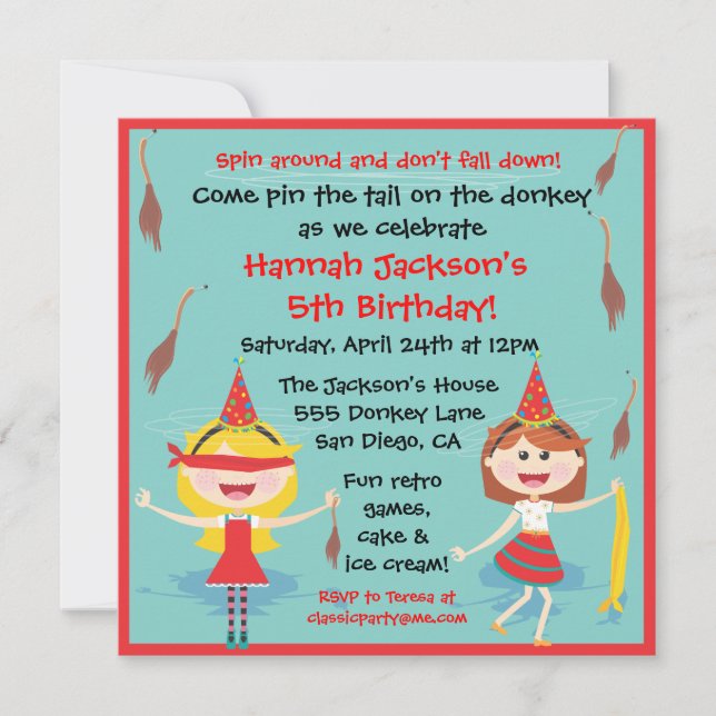 Invitación Retro Pin pone la cola en la fiesta de cumpleaños  (Anverso)