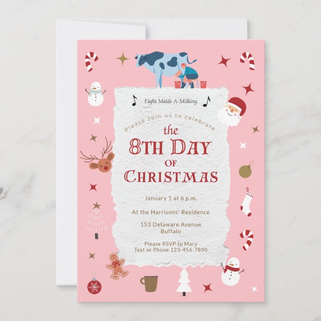 Invitación Retro Pink 8th Day Christmas Mid-Century Holiday (Anverso)