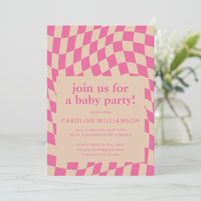 Invitación Retro Pink Abstract Checkerboard Baby Shower (Anverso de pie)