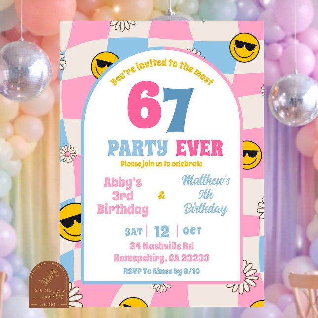 Invitación retro pink and blue checkered 67 joint birthday (Subido por el creador)