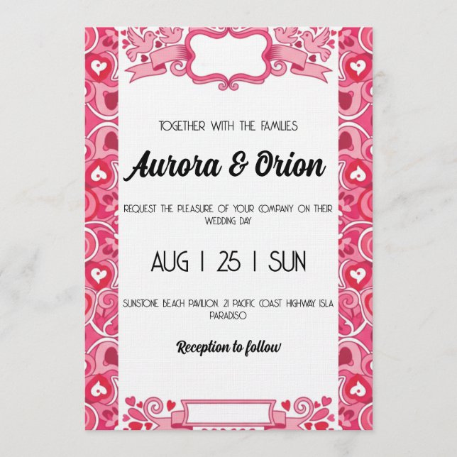 Invitación retro pink and red wedding invitation (Anverso)