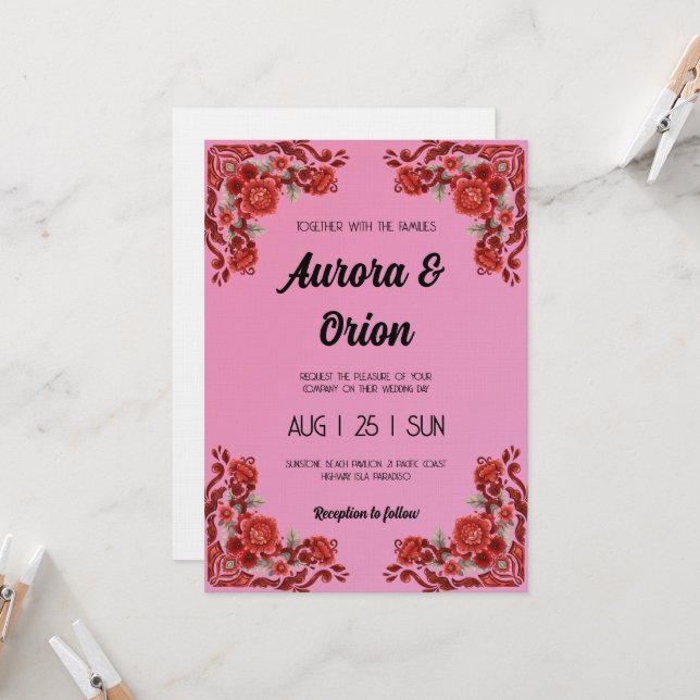 Invitación retro pink and red wedding invitation (Anverso/Reverso In Situ)