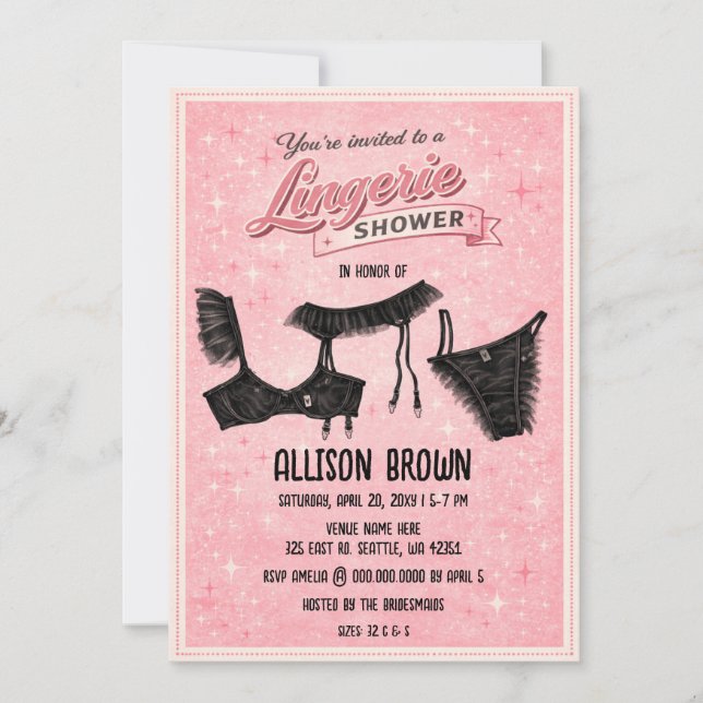 Invitación Retro Pink Black Lingerie Shower Bachelorette  (Anverso)