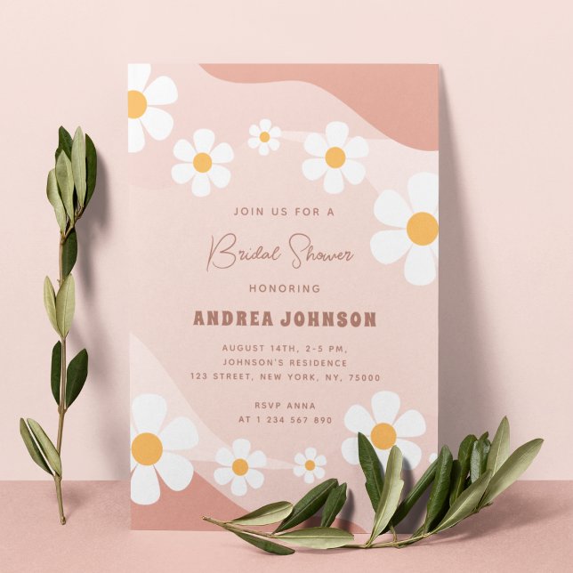 Invitación Retro Pink Boho Daisy Floral Script Ducha de novia (Subido por el creador)