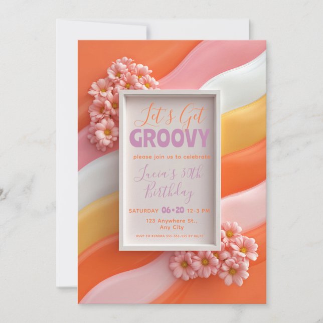 Invitación Retro Pink Daisy and Orange Gummy Waves Birthday (Anverso)