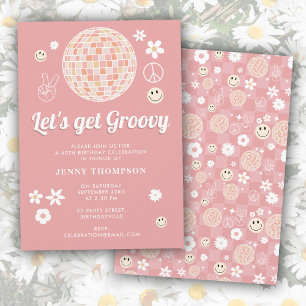 Invitación Retro Pink Groovy Checkered Hippie Disco Cumpleaño