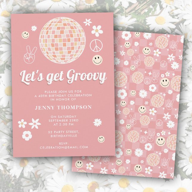 Invitación Retro Pink Groovy Checkered Hippie Disco Cumpleaño (Retro Pink Groovy Checkered Hippie Disco Birthday Invitation)