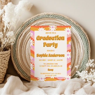 Invitación Retro Pink Groovy Daisy Floral Graduation Party 
