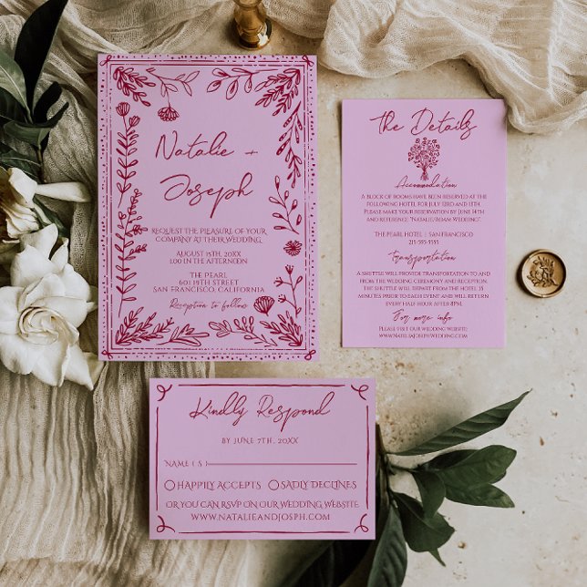 Invitación Retro Pink Raspberry Drawn Floral Garden Wedding (Subido por el creador)