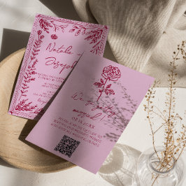 Invitación Retro Pink Raspberry QR Code Drawn Floral Wedding