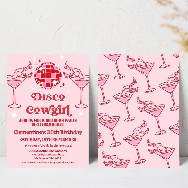 Invitación Retro Pink Red Disco Cowgirl 30 cumpleaños (Retro Disco Cowgirl Birthday Invitation, Disco Ball, Disco Pink Cowgirl Birthday Invitation Template)