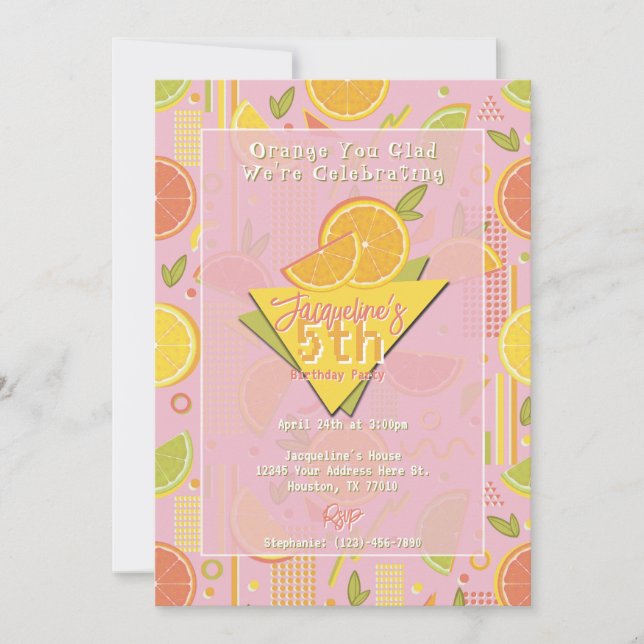 Invitación Retro Pink Summer Citrus Fruit Birthday (Anverso)