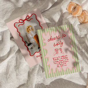 Invitación Retro Pintado 60.º Fantasma De Rayas Rojas Rosadas