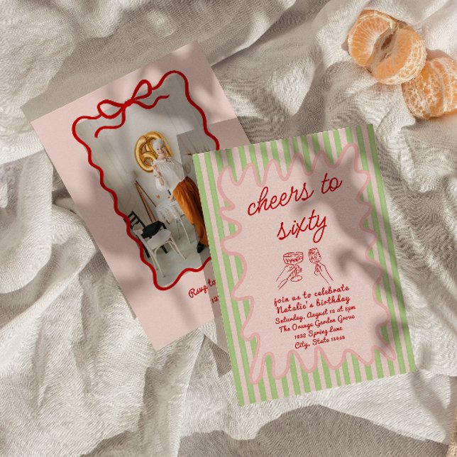 Invitación Retro Pintado 60.º Fantasma De Rayas Rojas Rosadas (Subido por el creador)