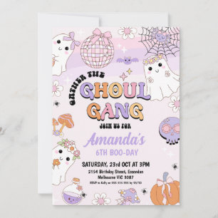 Invitación Retro Purple Pink Halloween Ghoueen Gang Cumpleaño