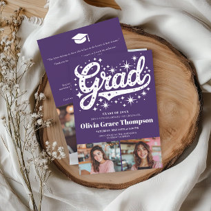 Invitación Retro Purple Script Estrellas 3-Photo Graduation P