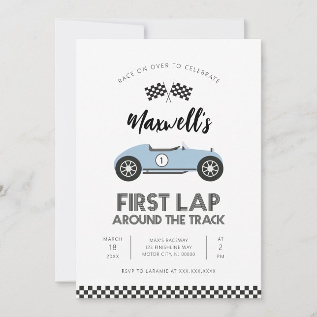 Invitación Retro Race Car First Lap Around the Track Birthday (Anverso)