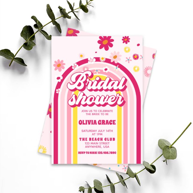 Invitación Retro Rainbow Daisy Groovy ducha de novia rosa (Subido por el creador)
