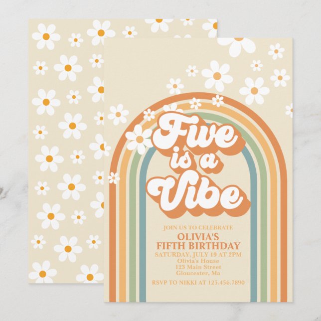 Invitación Retro Rainbow FIVE es una Vibra Divertida Cumpleañ (Anverso / Reverso)